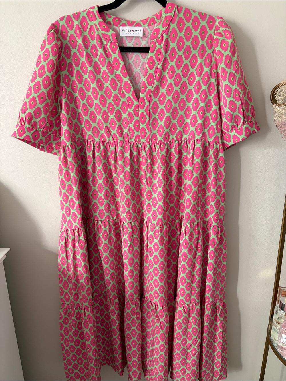 First Love Pink and Green Geometric Tiered Dress